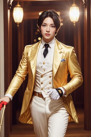 A dashing young prince strides confidently through the opulent halls of a luxurious fantasy palace, his warm smile and bright red eyes shining like beacons in the sunny day. His elegant attire, complete with white long-sleeve shirt, white pants, white military blazer, black gloves, and golden cloth shoulder pads, accentuates his chiseled features and masculine appearance. The tidy hair style adds to his neat and refined look. As he walks, sun rays dance across the majestic background, highlighting every detail of his stunning visage.