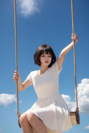 best quality,masterpiece,1girl, above clouds, solo, short hair, bangs, black hair, dress, sitting, closed eyes, short sleeves, outdoors, parted lips, sky, day, cloud, white dress, blue sky, cloudy sky, swing