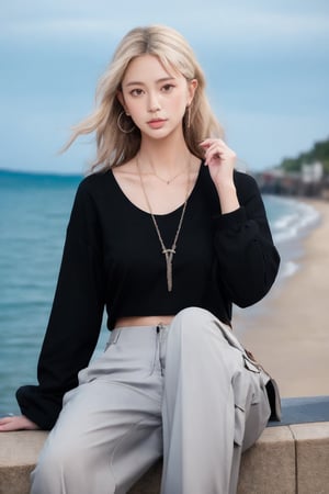 French girl,grey blonde hair(very long hair, curly_hair),hiphop dancer,wearing all black clothes (loose fit top and wide cargo pants),sneakers,headphone, sitting at sea bank,horizon,seaside,accessories(necklace,ear_rings),Best Quality, 32k, photorealistic, ultra-detailed, finely detailed, high resolution, perfect dynamic composition, beautiful detailed eyes, sharp-focus, cowboy_shot,