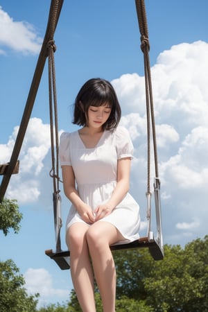 best quality,masterpiece,1girl, above clouds, solo, short hair, bangs, black hair, dress, sitting, closed eyes, short sleeves, outdoors, parted lips, sky, day, cloud, white dress, blue sky, cloudy sky, swing