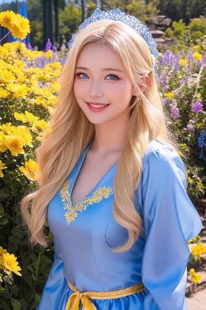 1girl, upper body, beautiful young woman, blonde, smiling, (in beautiful Ukrainian national costume of blue-yellow color), sunny day, botanical garden, realistic