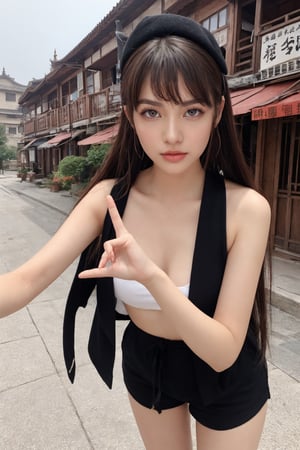 hutaornd, masterpiece, best quality, 1girl, hu tao (genshin impact), boo tao,hat, red eyes, twintails, brown hair, solo, symbol-shaped pupils, long hair,bangs, black shorts , chinese clothes, flat_chest, Standing in a picturesque Chinese village. With a mischievous expression on his face, Hu Tao raises one hand in a gesture of greeting, while with the other hand he makes a playful gesture, as if he is up to something. His mischievous smile and mischievous look reflect his playful and energetic personality. The atmosphere of the Chinese village is reflected in the details of the pagoda roofs and hanging lanterns that decorate the cityscape.
,incredibly absurdres,32k,