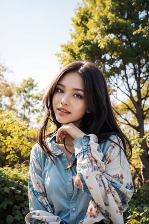 Masterpiece, top quality, high definition, artistic composition, 1 girl, upper body, composition from below, smiling, cotton shirt, looking at me, blue sky, sunlight through trees, casual, portrait, warm, reaching out