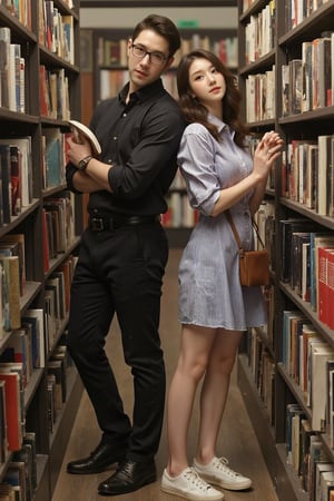 A handsome man and a beautiful woman brush past each other in an old-fashioned bookstore. Each holding a book, they stand back-to-back in the narrow aisle, accidentally bumping into each other. They both turn slightly, looking at each other with surprised expressions. The man is tall and slim, wearing a dark shirt, dress pants, leather shoes, and black glasses. The woman has a graceful demeanor, dressed in a light blue, striped shirt-dress, white canvas shoes, with a leather jacket draped over her shoulders and a crossbody bag.