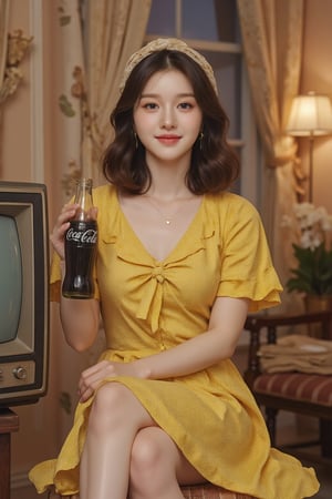 A young woman with soft features and medium-length, light brown hair styled with a headband, wearing a vintage polka-dotted yellow dress. She sits next to a retro television set, holding a glass Coca-Cola bottle in one hand and smiling warmly. The background shows a cozy, nostalgic setting with patterned curtains and warm lighting, creating a relaxed and v