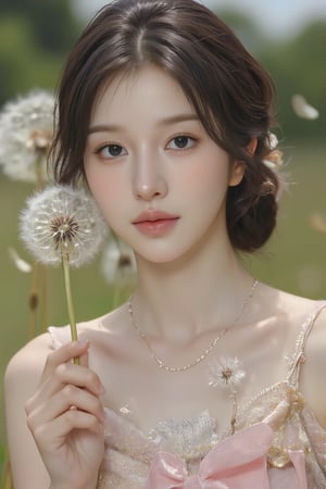 A cute and beautiful girl holds a dandelion flower, focusing her eyes intently. She makes a pouty face, gently blowing with her lips, creating a soft puff of air. The dandelion seeds float away with the breeze.