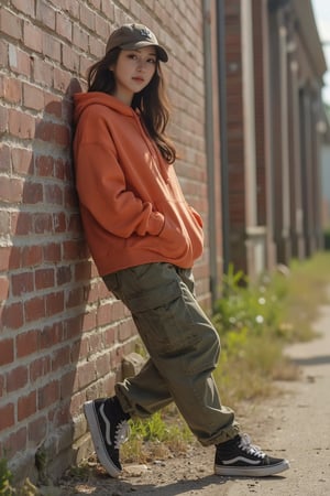 A beautiful young woman with an urban style leaning against a worn brick wall on a hot summer morning. She is dressed in an oversized hoodie, cargo pants, sneakers and a cap. The setting is an abandoned industrial area where youth gather. The lighting is intense from the summer sun emphasizing the colors of her outfit. The camera uses a medium shot with a 35mm lens, focusing on the young woman's rebellious and carefree attitude and the urban style. High resolution 4K image, with bokeh effects in the background to softly blur the surroundings, highlighting the beauty of the young woman.