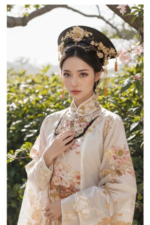 This is a photo showing a woman wearing traditional Chinese clothing, reflecting a historical or period style. The subject of the photo is the woman, wearing a bright, richly decorated and intricately embroidered dress. On her head is a special black hat decorated with a large pink flower and a golden butterfly. The background is composed of lush green foliage, suggesting a natural outdoor scene. The focus of the composition is the calm and dignified facial expression of the woman as she gently holds the leaf. This image exudes the essence of cultural richness, elegance and history.32k,