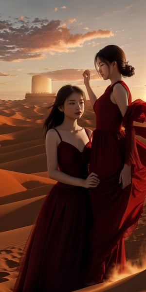 Desert Solitude: Imagine a woman in a flowing red dress, standing atop a sand dune overlooking a vast desert landscape. The sun dips below the horizon, casting long shadows and painting the sky in fiery hues. The silence is broken only by the whisper of wind, and the woman's expression is one of quiet contemplation amidst the stark beauty of nature's harshest embrace.Chinese girl, 22 years old, very beautiful