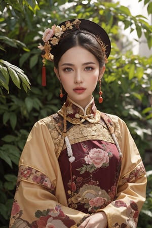 This is a photo showing a woman wearing traditional Chinese clothing, reflecting a historical or period style. The subject of the photo is the woman, wearing a bright, richly decorated and intricately embroidered dress. On her head is a special black hat decorated with a large pink flower and a golden butterfly. The background is composed of lush green foliage, suggesting a natural outdoor scene. The focus of the composition is the calm and dignified facial expression of the woman as she gently holds the leaf. This image exudes the essence of cultural richness, elegance and history.32k,