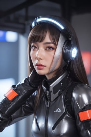 In a dimly lit, metallic-gray space station, a stunning European kawaii woman stands in a futuristic tight suit, her hyper-realistic features illuminated by soft, blue-tinged lighting. Her full-face helmet, adorned with air bubbles, and futuristic gloves exude a sense of machismo. Hover boots suspended beneath her feet add to the overall sci-fi ambiance. She poses in a cute, yet serious demeanor, her expression conveying a mix of determination and focus. The camera captures this action shot from a close perspective, emphasizing the woman's futuristic attire and the sleek, high-tech environment surrounding her.,score_9, score_8_up, score_8,,score_7_up,