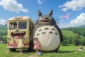 A colorful countryside scene from a Japanese animation. The iconic giant Totoro, with its round body and gray fur, stands next to a large, striped, cat-like bus with wide, grinning mouths. Two young girls, one in a yellow dress and the other in pink, mimic their expressions with wide-open mouths. Smaller, whimsical creatures, including a tiny blue and white Totoro, join in. The background features rolling green hills and a bright, vibrant sky filled with clouds. The scene is full of joy and magical charm, capturing a playful moment.