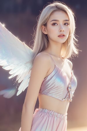 (masterpiece, best quality, CGI, official art:1.2), (stunning celestial being:1.3), (iridescent wings:1.4), shimmering silver hair, piercing sapphire eyes, gentle smile, (luminous aura:1.2), soft focus, whimsical atmosphere, serene emotion, dreamy tone, vibrant intensity, inspired by Hayao Miyazaki's style, ethereal aesthetic, pastel colors with (soft pink accents:1.1), warm mood, soft golden lighting, diagonal shot, looking up in wonder, surrounded by (delicate clouds:1.1) and (shimmering stardust:1.2), focal point on the being's face, intricate textures on wings and clothes, highly realistic fabric texture, atmospheric mist effect, high image complexity, detailed environment, subtle movement of wings, dynamic energy,AIDA_LoRA_AnC