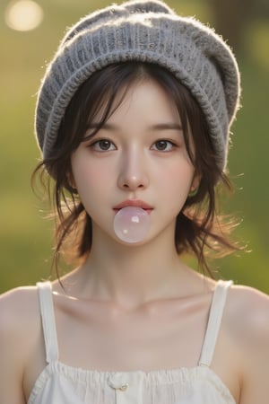 An 18-year-old girl is wearing a gray rolled-up knitted hat, her eyes are turned to the right, and her eyes are moving. She is blowing bubbles with bubble gum, her eyes wide open and her expression mischievous. She wore a white cotton dress and the photo captured her upper body. The rays of the afternoon sunset gently illuminated her face from the left.