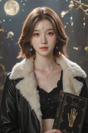 Here’s the translation:

Master-level photography of a stunningly beautiful, cool, and alluring young girl with honey-colored hair and deep-set features. Her bangs are swept back, revealing a neat short hairstyle. A delicate golden cross adorns her forehead, and she wears blue crystal sphere earrings. She is dressed in a black leather coat with a large white fur collar left open, and a cropped top revealing her toned abs. In her hand, she holds a black book with a golden handprint on the cover. The scene is bathed in soft moonlight, with a magical background.