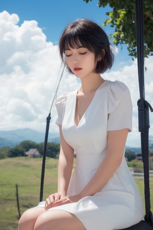 best quality,masterpiece,1girl, above clouds, solo, short hair, bangs, black hair, dress, sitting, closed eyes, short sleeves, outdoors, parted lips, sky, day, cloud, white dress, blue sky, cloudy sky, swing