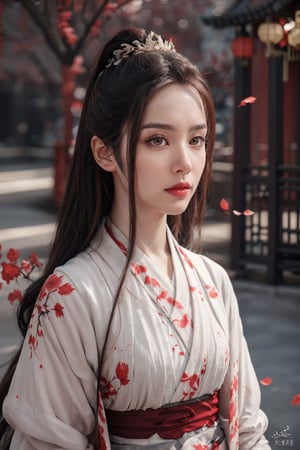 bicolor, ink splatter, samirai girl, sakura rose \(flower\), red blood, japan ink art, splash, intricate details, volumetric lighting, cinematic, detailed, realistic,Chinese hanfu