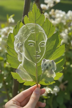 A close-up image of a beautifully carved leaf, featuring an intricately detailed portrait of a woman alongside a small dog. The leaf's surface has been carefully cut, showing precise and delicate lines. The transparent sections within the leaf emphasize the artist's craftsmanship. The background consists of soft, blurred flowers and greenery, creating a natural and seren