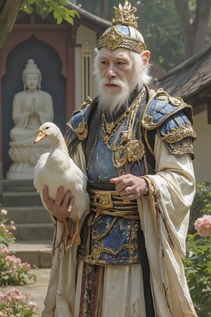 Aesthetics art,(Here's the Chinese Monkey King Goku picking up a ugly white duck) in the garden of a Zen monastery,wearing fashionable clothes that show signs of wear and tear. The background is a Buddha statue,flowers,ancient trees,using Chinese fashion poster design layout,blue and white armor,the truth world in Buddhist scriptures,beautiful and perfect hands.