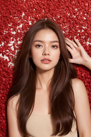  beautiful red roses and an explosion of red rose petals, creating a stunning scene that captures the essence of the celebration. a beautiful cute young attractive aussie teenage girl, village girl, 18 years old, cute, Instagram model, long brunette hair, big eyes,