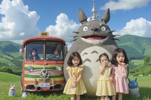 A colorful countryside scene from a Japanese animation. The iconic giant Totoro, with its round body and gray fur, stands next to a large, striped, cat-like bus with wide, grinning mouths. Two young girls, one in a yellow dress and the other in pink, mimic their expressions with wide-open mouths. Smaller, whimsical creatures, including a tiny blue and white Totoro, join in. The background features rolling green hills and a bright, vibrant sky filled with clouds. The scene is full of joy and magical charm, capturing a playful moment.