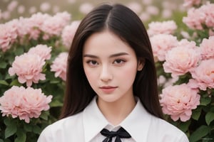 1 girl, solo, detailed eyes, blink and youll miss it detail, silk shirt, outdoors, flower garden, high quality, floral background, very detailed,wonder beauty ,Enhance,JeeSoo,watercolor,
(Song Hye-gyo:0.8), (Emma Watson:0.8),