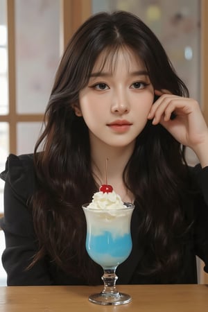 A young woman with long black straight hair with bangs sat at the wooden table, holding her head with one hand and looking thoughtfully to the side. Her makeup was subtle and elegant, with elongated dark eyeliner. In front of her was a glass goblet filled with a transparent light blue drink, with whipped cream and a cherry on top, a drink in a Japanese teahouse. The background is soft and blurry, adding a warm, cozy atmosphere to the scene.