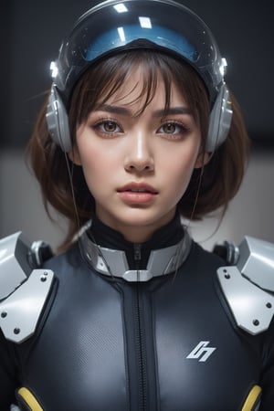 In a dimly lit, metallic-gray space station, a stunning European kawaii woman stands in a futuristic tight suit, her hyper-realistic features illuminated by soft, blue-tinged lighting. Her full-face helmet, adorned with air bubbles, and futuristic gloves exude a sense of machismo. Hover boots suspended beneath her feet add to the overall sci-fi ambiance. She poses in a cute, yet serious demeanor, her expression conveying a mix of determination and focus. The camera captures this action shot from a close perspective, emphasizing the woman's futuristic attire and the sleek, high-tech environment surrounding her.,score_9, score_8_up, score_8,,score_7_up,