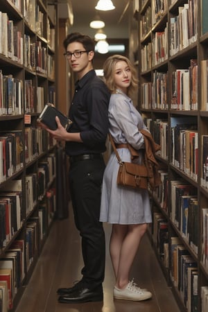 A handsome man and a beautiful woman brush past each other in an old-fashioned bookstore. Each holding a book, they stand back-to-back in the narrow aisle, accidentally bumping into each other. They both turn slightly, looking at each other with surprised expressions. The man is tall and slim, wearing a dark shirt, dress pants, leather shoes, and black glasses. The woman has a graceful demeanor, dressed in a light blue, striped shirt-dress, white canvas shoes, with a leather jacket draped over her shoulders and a crossbody bag.