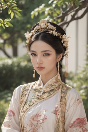 This is a photo showing a woman wearing traditional Chinese clothing, reflecting a historical or period style. The subject of the photo is the woman, wearing a bright, richly decorated and intricately embroidered dress. On her head is a special black hat decorated with a large pink flower and a golden butterfly. The background is composed of lush green foliage, suggesting a natural outdoor scene. The focus of the composition is the calm and dignified facial expression of the woman as she gently holds the leaf. This image exudes the essence of cultural richness, elegance and history.32k,