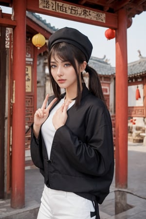 hutaornd, masterpiece, best quality, 1girl, hu tao (genshin impact), boo tao,hat, red eyes, twintails, brown hair, solo, symbol-shaped pupils, long hair,bangs, black shorts , chinese clothes, flat_chest, Standing in a picturesque Chinese village. With a mischievous expression on his face, Hu Tao raises one hand in a gesture of greeting, while with the other hand he makes a playful gesture, as if he is up to something. His mischievous smile and mischievous look reflect his playful and energetic personality. The atmosphere of the Chinese village is reflected in the details of the pagoda roofs and hanging lanterns that decorate the cityscape.
,incredibly absurdres,32k,