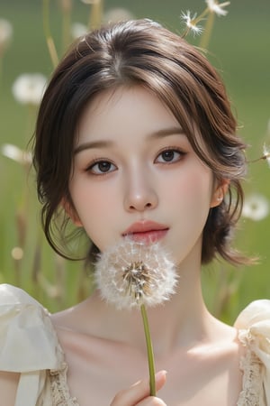 A cute and beautiful girl holds a dandelion flower, focusing her eyes intently. She makes a pouty face, gently blowing with her lips, creating a soft puff of air. The dandelion seeds float away with the breeze.full body, 