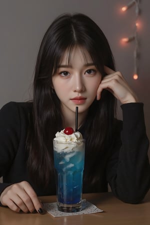 A young woman with long, straight black hair and bangs sits at a wooden table, gazing directly at the viewer with an intense, captivating expression. She rests her head on one hand, displaying dark nail polish. In front of her on the table is a tall glass with a blue soda drink, topped with a swirl of whipped cream and a cherry, with a black straw. The background is softly lit, with muted colors adding a cozy, intimate feel to the scene.