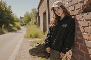 A beautiful young woman with an urban style leaning against a worn brick wall on a hot summer morning. She is dressed in an oversized hoodie, cargo pants, sneakers and a cap. The setting is an abandoned industrial area where youth gather. The lighting is intense from the summer sun emphasizing the colors of her outfit. The camera uses a medium shot with a 35mm lens, focusing on the young woman's rebellious and carefree attitude and the urban style. High resolution 4K image, with bokeh effects in the background to softly blur the surroundings, highlighting the beauty of the young woman.