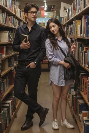 A handsome man and a beautiful woman brush past each other in an old-fashioned bookstore. Each holding a book, they stand back-to-back in the narrow aisle, accidentally bumping into each other. They both turn slightly, looking at each other with surprised expressions. The man is tall and slim, wearing a dark shirt, dress pants, leather shoes, and black glasses. The woman has a graceful demeanor, dressed in a light blue, striped shirt-dress, white canvas shoes, with a leather jacket draped over her shoulders and a crossbody bag.