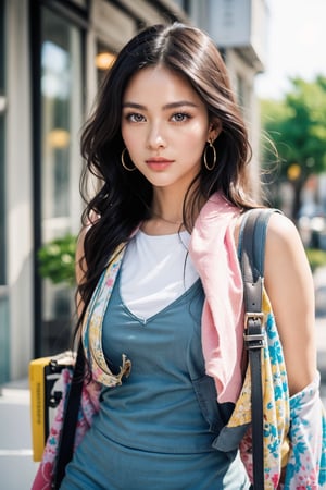 New York City,street, 20 yo, 1 girl, beautiful korean girl,walking,happy smile, wearing sexy tight dress,black simple dress(strap),shoulder bag,solo, {beautiful and detailed eyes}, dark eyes, calm expression, delicate facial features, ((model pose)), Glamor body type, (dark hair:1.2),hair_past_waist,curly hair,very long hair,simple tiny earrings, flim grain, realhands, masterpiece, Best Quality, 16k, photorealistic, ultra-detailed, finely detailed, high resolution, perfect dynamic composition, beautiful detailed eyes, eye smile, ((nervous and embarrassed)), sharp-focus, full_body, cowboy_shot,pony_tail