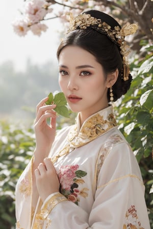 This is a photo showing a woman wearing traditional Chinese clothing, reflecting a historical or period style. The subject of the photo is the woman, wearing a bright, richly decorated and intricately embroidered dress. On her head is a special black hat decorated with a large pink flower and a golden butterfly. The background is composed of lush green foliage, suggesting a natural outdoor scene. The focus of the composition is the calm and dignified facial expression of the woman as she gently holds the leaf. This image exudes the essence of cultural richness, elegance and history.32k,