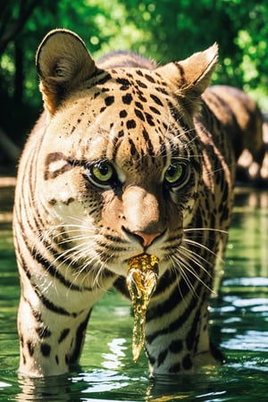 (best quality, masterpiece, ultra-detailed, 32k:1.2), wildlife photography editorial, a gold panther drinking from a river, crystal clear water, vivid reflections, looking at the photographer, natural light, glittery