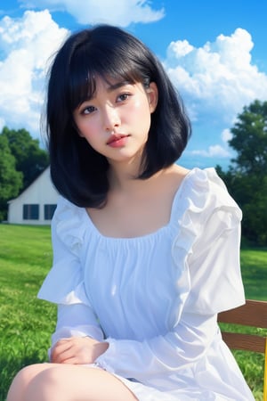 best quality,masterpiece,1girl, above clouds, solo, short hair, bangs, black hair, dress, sitting, closed eyes, short sleeves, outdoors, parted lips, sky, day, cloud, white dress, blue sky, cloudy sky, swing