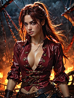 Sensual Beauty (Talia Morgulis) 18-th Century Pirate Captain, (vivid eyes), smooth long Brown ponytail hair, wearing, (traditional 18-th century Burgundy Pirate outfit), Commanding her ship, ((Pirate ship deck Background)) , (dynamic pose, random pose, modeling:1.4), (Mid body shot), sensual, beautiful, mesmerizing, concept art, highly detailed, artstation, behance, deviantart, inspired by innocent manga, inspired by video game concept art, trending, ayami kojima, shinichi sakamoto, Extremely Realistic, UHD, 8K, sharp focus, highly detailed masterpiece, bokeh, masterful volumetric lighting, epic light, intricate, intense colors, vibrant colors, chromatic aberration, epic fantasy, powerful aura, passionate, sensual, sexy, fiery,oil paint,Movie Poster,oil painting, chiaroscuro, tenebrism