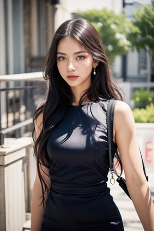 New York City,street, 20 yo, 1 girl, beautiful korean girl,walking,happy smile, wearing sexy tight dress,black simple dress(strap),shoulder bag,solo, {beautiful and detailed eyes}, dark eyes, calm expression, delicate facial features, ((model pose)), Glamor body type, (dark hair:1.2),hair_past_waist,curly hair,very long hair,simple tiny earrings, flim grain, realhands, masterpiece, Best Quality, 16k, photorealistic, ultra-detailed, finely detailed, high resolution, perfect dynamic composition, beautiful detailed eyes, eye smile, ((nervous and embarrassed)), sharp-focus, full_body, cowboy_shot,ponytail