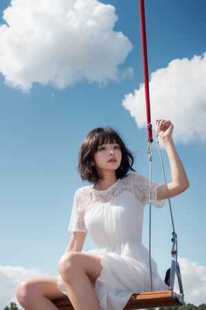 best quality,masterpiece,1girl, above clouds, solo, short hair, bangs, black hair, dress, sitting, closed eyes, short sleeves, outdoors, parted lips, sky, day, cloud, white dress, blue sky, cloudy sky, swing