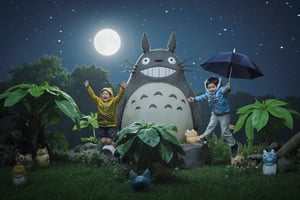 A whimsical nighttime scene featuring Totoro, a large, friendly, gray creature with a round body and a wide, toothy grin. He stands tall in the center, holding an umbrella, as two excited children jump in the air next to him. The children wear colorful raincoats, with one in yellow and the other in blue, joyfully leaping. The moon shines brightly in the background, casting a soft glow over the lush, green landscape. Surrounding Totoro are smaller creatures with large, leaf-like coverings, adding to the magical, playful atmosphere.