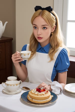 In the photo, a woman appears to be drinking tea. She was wearing a blue puff-sleeved princess dress, a white apron, and a black hairband tied into a bow. She looks cute and playful. Her blond hair was styled into big, fluffy waves, adding to her elegant temperament. The woman holds a delicate porcelain teacup with a matching saucer with a floral pattern. Teacups and saucers were placed on a table covered with a white tablecloth and decorated with a gold floral pattern. There is a piece of cake on the plate, a scene from Alice in Wonderland. The overall atmosphere is that of a fantasy fairy tale, (alice in wonderland)