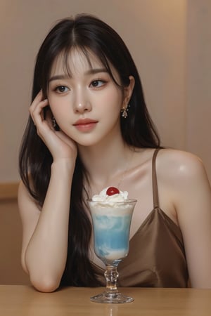 A young woman with long black straight hair with bangs sat at the wooden table, holding her head with one hand and looking thoughtfully to the side. Her makeup was subtle and elegant, with elongated dark eyeliner, and she wore a brown slip dress with slightly dropped straps. In front of her was a glass goblet filled with a transparent light blue drink, with whipped cream and a cherry on top, a drink in a Japanese teahouse. The background is soft and blurry, adding a warm, cozy atmosphere to the scene.