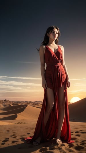 Desert Solitude: Imagine a woman in a flowing red dress, standing atop a sand dune overlooking a vast desert landscape. The sun dips below the horizon, casting long shadows and painting the sky in fiery hues. The silence is broken only by the whisper of wind, and the woman's expression is one of quiet contemplation amidst the stark beauty of nature's harshest embrace.