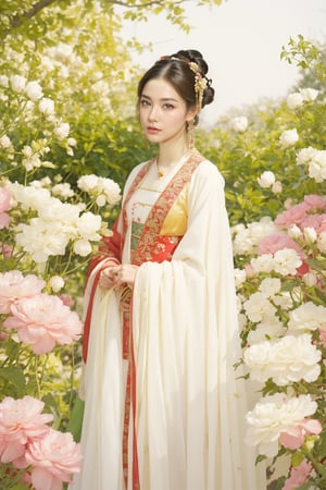 A beautiful woman in Tang Dynasty costume stands in the garden admiring flowers,