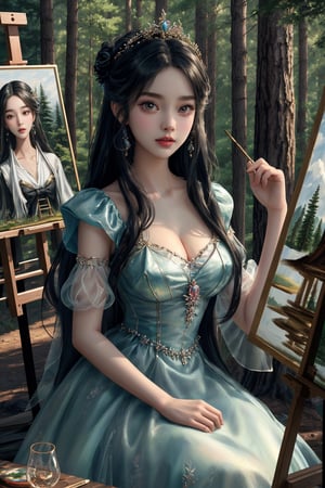 background is glassland,horizon,forest,easel,
18 yo, 1 girl, beautiful korean girl,sit on glassland, making a picture,painting,sit aside easel,holding a palette left hand,painting brush right hand,
happy smile,wearing lovely dress(princess),women hat(small),
solo, {beautiful and detailed eyes}, dark eyes, calm expression, delicate facial features, ((model pose)), Glamor body type, (dark hair:1.2),
simple tiny necklace,simple tiny earrings, flim grain, realhands, masterpiece, Best Quality, 16k, photorealistic, ultra-detailed, finely detailed, high resolution, perfect dynamic composition, beautiful detailed eyes, eye smile, ((nervous and embarrassed)), sharp-focus, full_body, cowboy_shot,