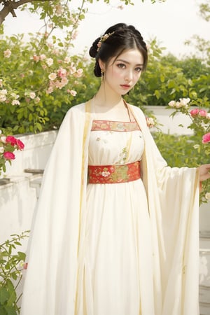 A beautiful woman in Tang Dynasty costume stands in the garden admiring flowers,