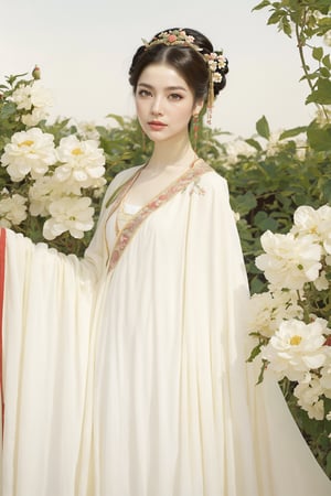 A beautiful woman in Tang Dynasty costume stands in the garden admiring flowers,